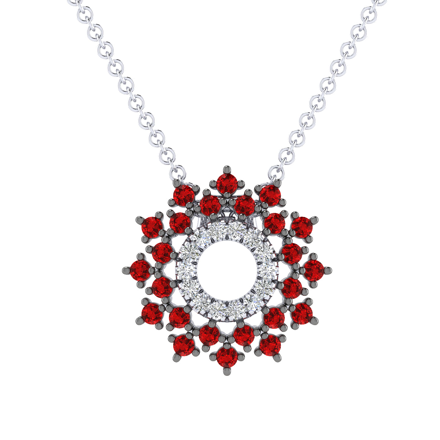 14K White Gold Round Diamond Circle Pendant Necklace with Ruby Halo Burst