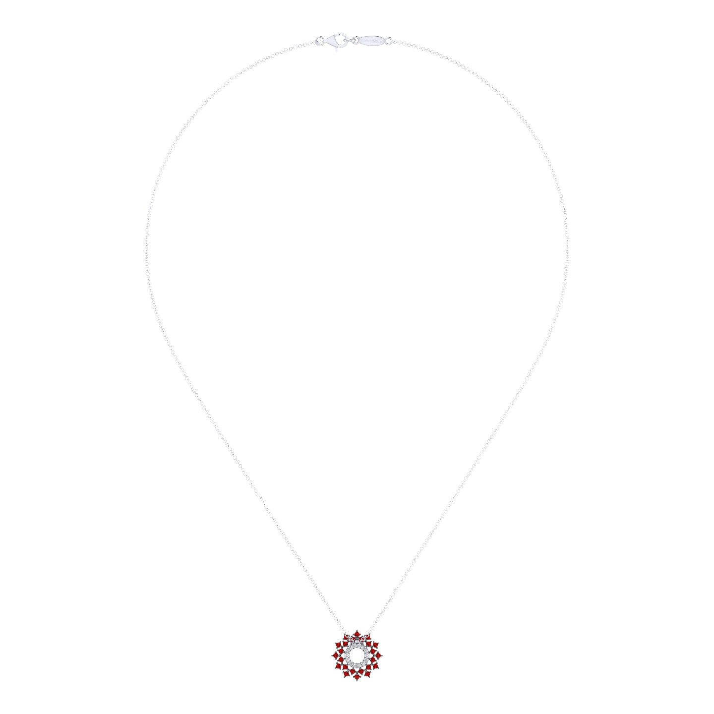 14K White Gold Round Diamond Circle Pendant Necklace with Ruby Halo Burst