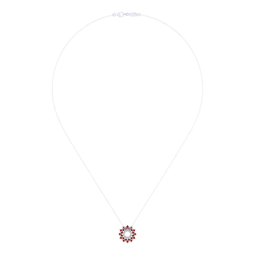 14K White Gold Round Diamond Circle Pendant Necklace with Ruby Halo Burst