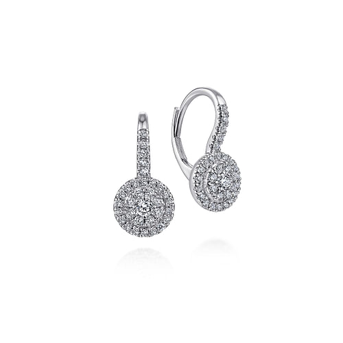 14K White Gold Round Diamond Cluster Leverback Earrings