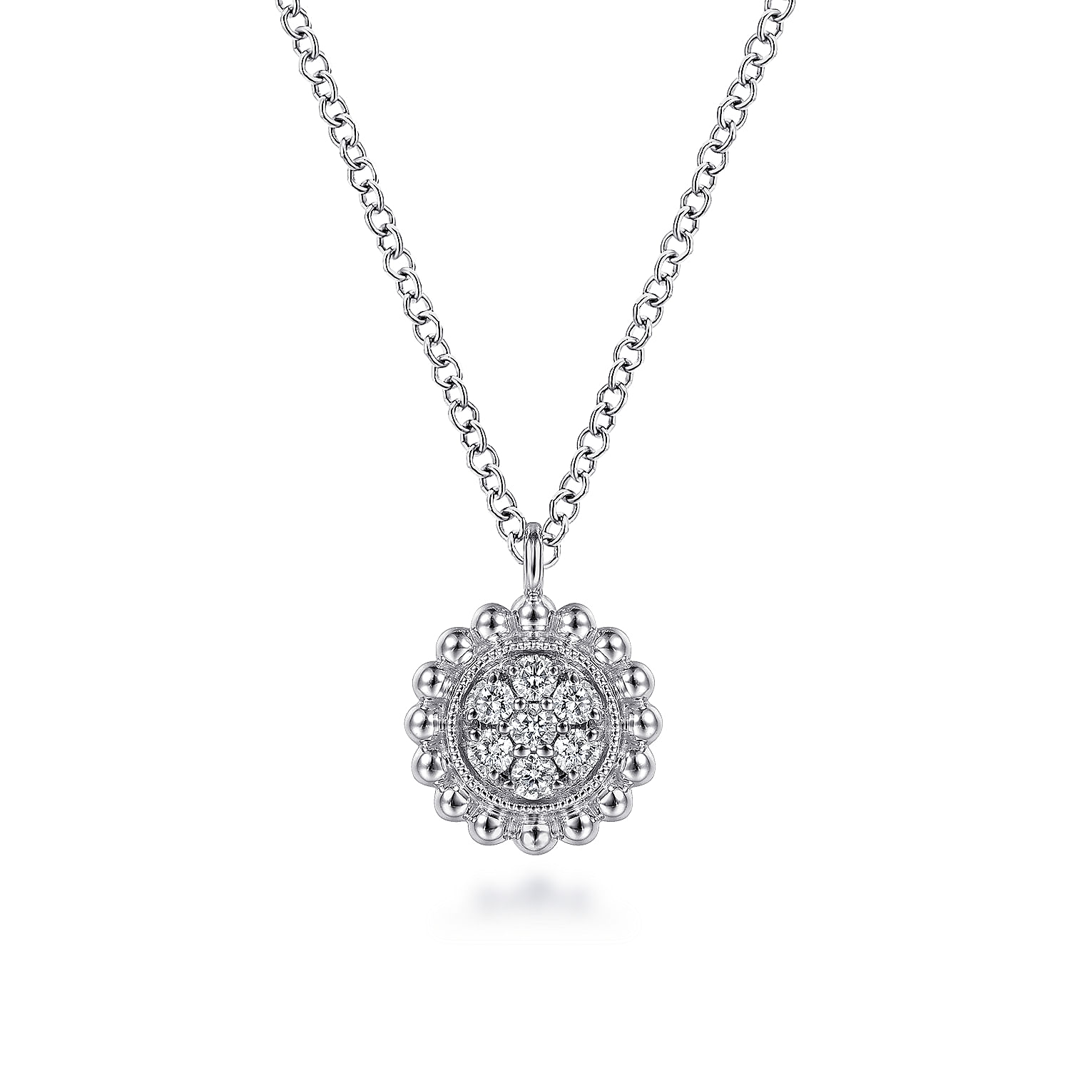 14K White Gold Round Diamond Cluster Pendant Necklace with Bujukan Frame