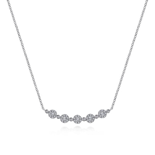 14K White Gold Round Diamond Cluster Station Curved Bar Necklace