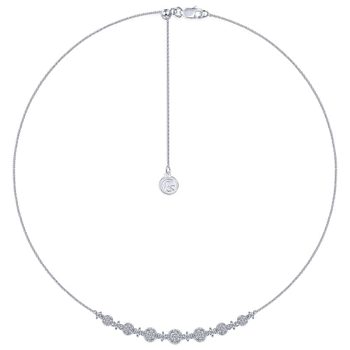 14K White Gold Round Diamond Cluster Station Necklace