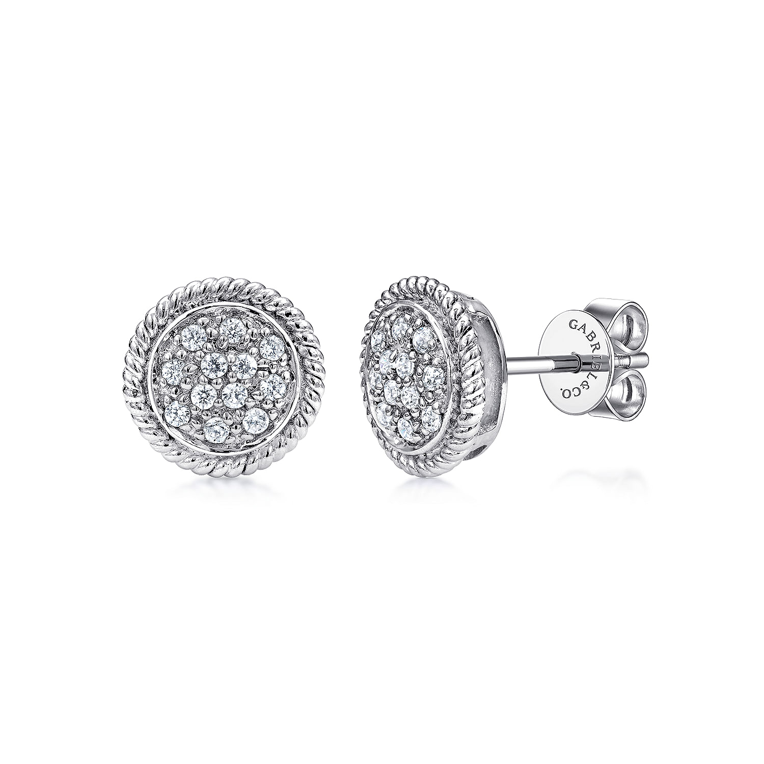 Gabriel - 14K White Gold Round Diamond Cluster Stud Earrings with Twisted Rope Frame