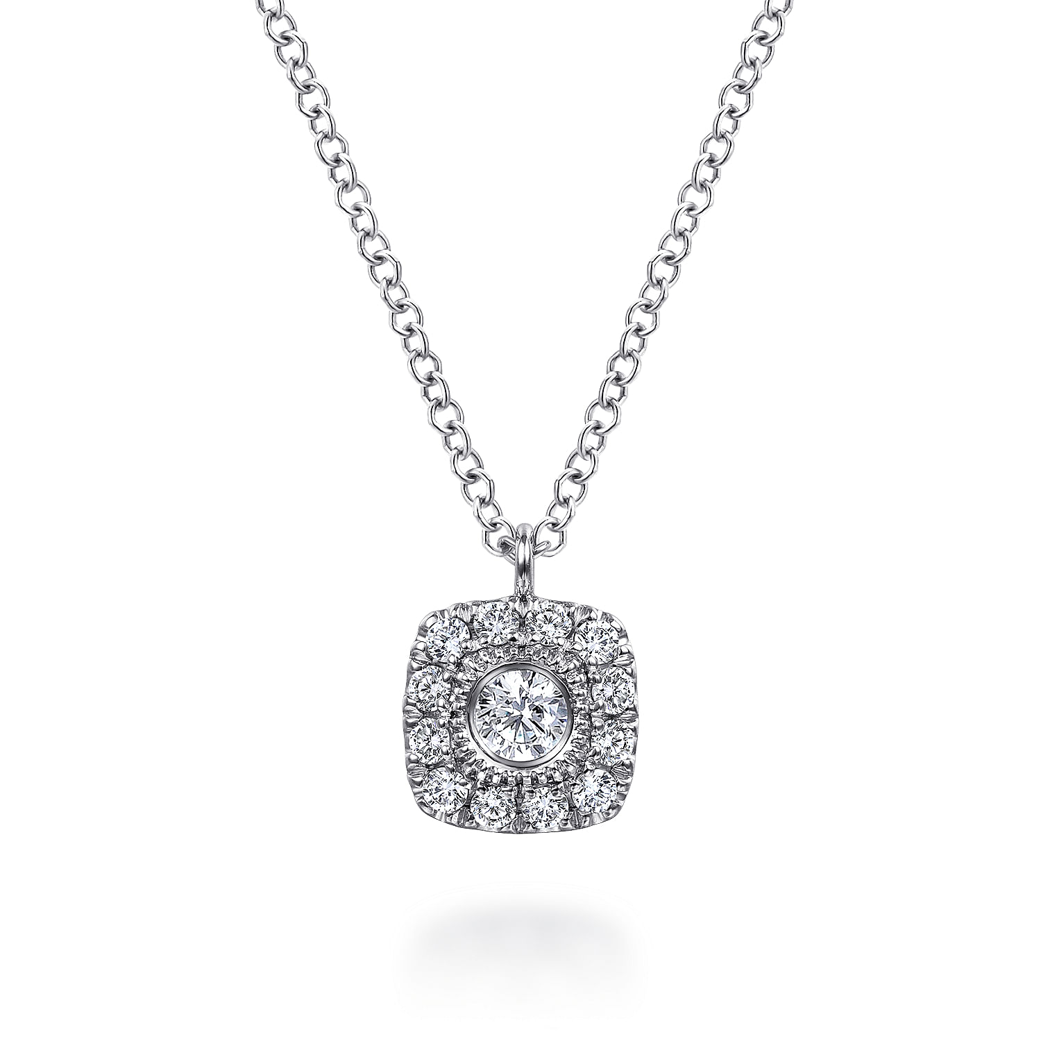 14K White Gold Round Diamond Cushion Halo Pendant Necklace