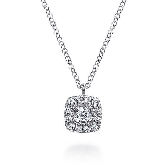 Gabriel - 14K White Gold Round Diamond Cushion Halo Pendant Necklace