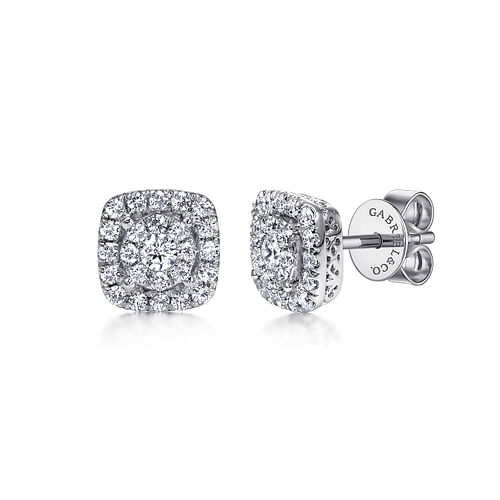 14K White Gold Round Diamond Cushion Halo Stud Earrings