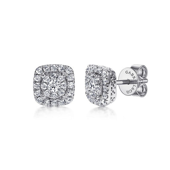 Gabriel - 14K White Gold Round Diamond Cushion Halo Stud Earrings