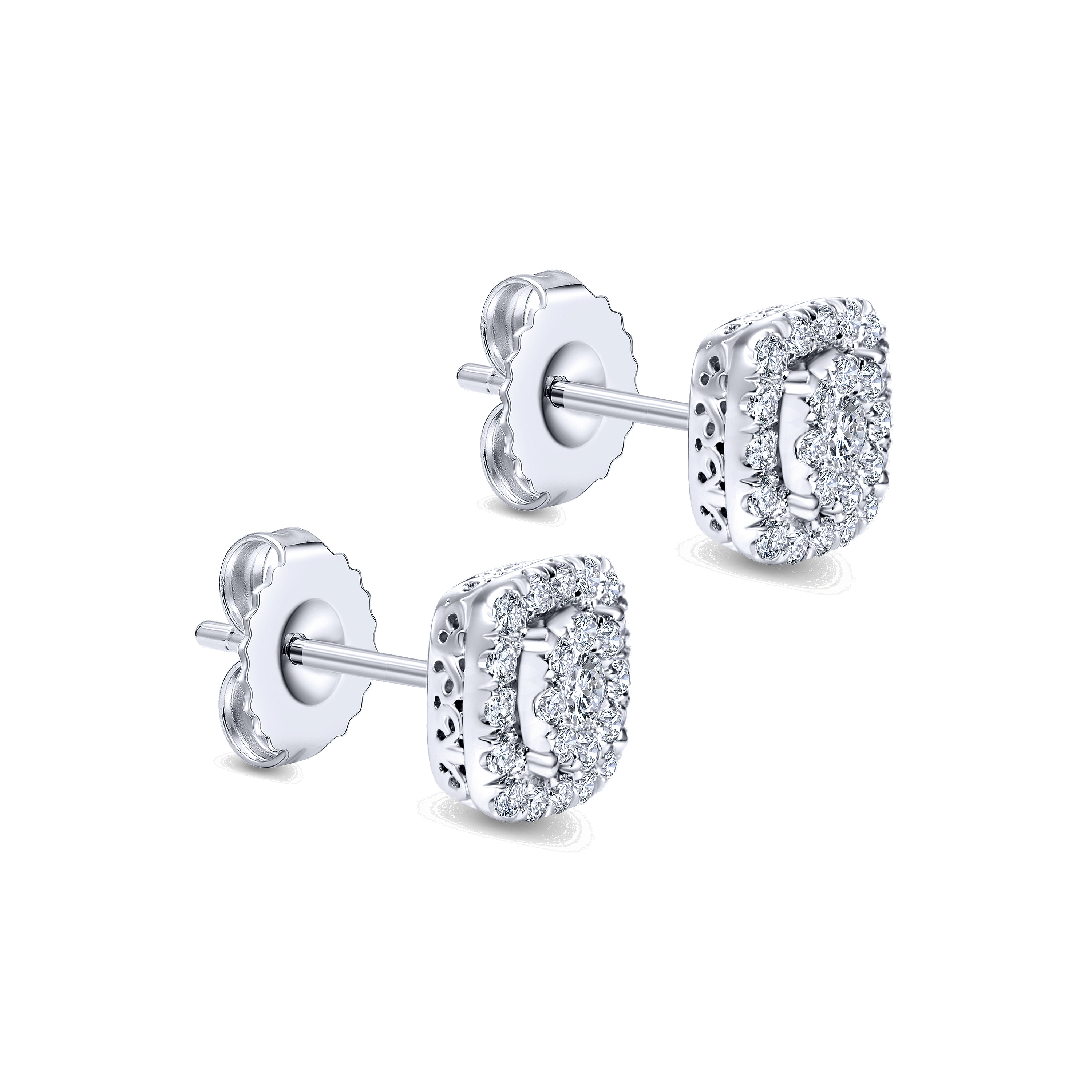 14K White Gold Round Diamond Cushion Halo Stud Earrings