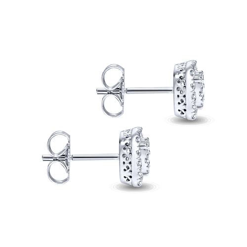 14K White Gold Round Diamond Cushion Halo Stud Earrings