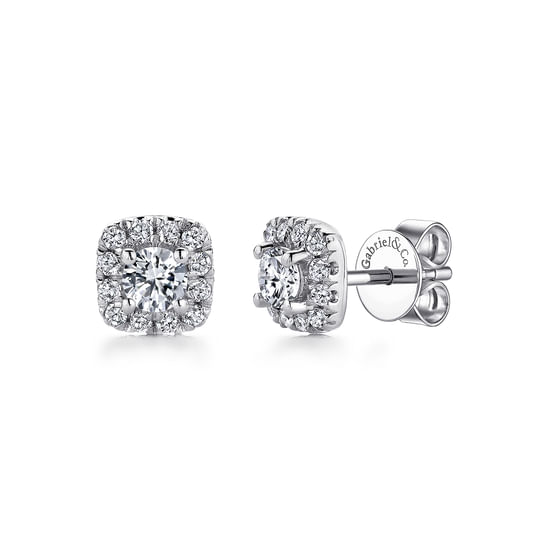 Gabriel - 14K White Gold Round Diamond Cushion Halo Stud Earrings