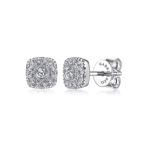 14K White Gold Round Diamond Cushion Halo Stud Earrings