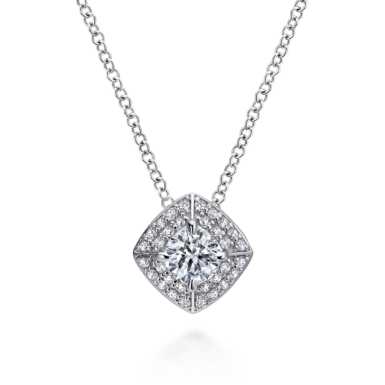 14K White Gold Round Diamond Double Halo Pendant Necklace