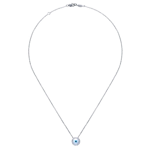 14K White Gold Round Diamond Evil Eye Pendant Necklace