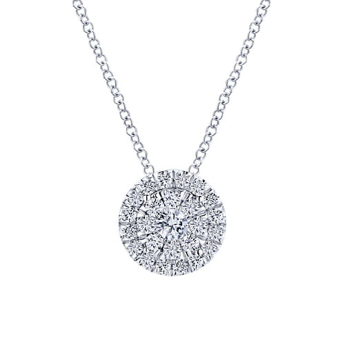 14K White Gold Round Diamond Halo Pendant Necklace