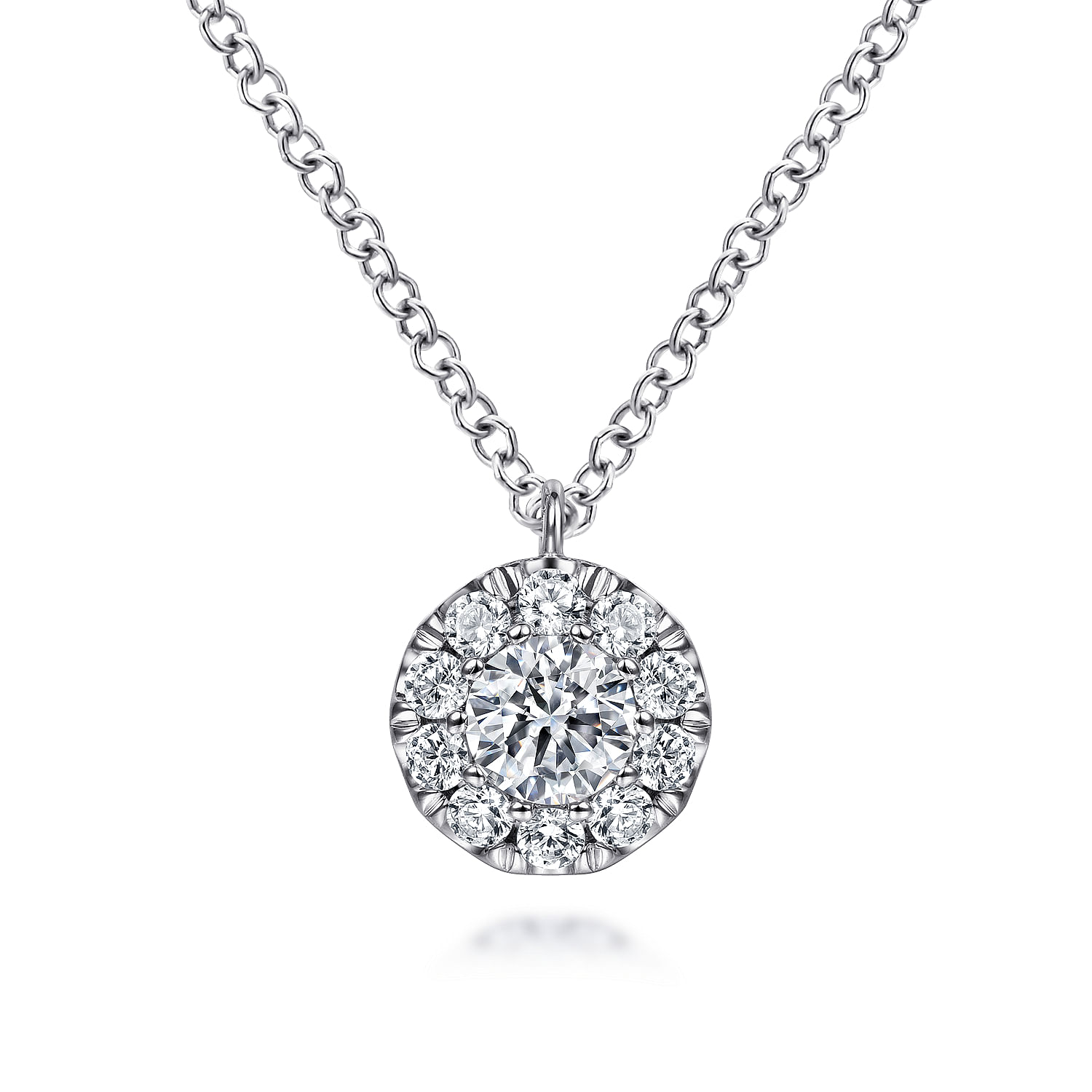14K White Gold Round Diamond Halo Pendant Necklace