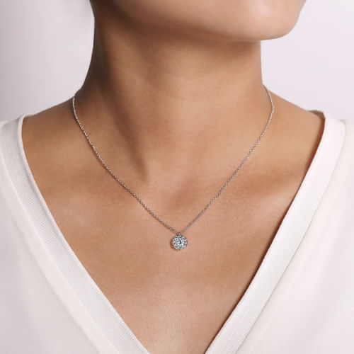 14K White Gold Round Diamond Halo Pendant Necklace