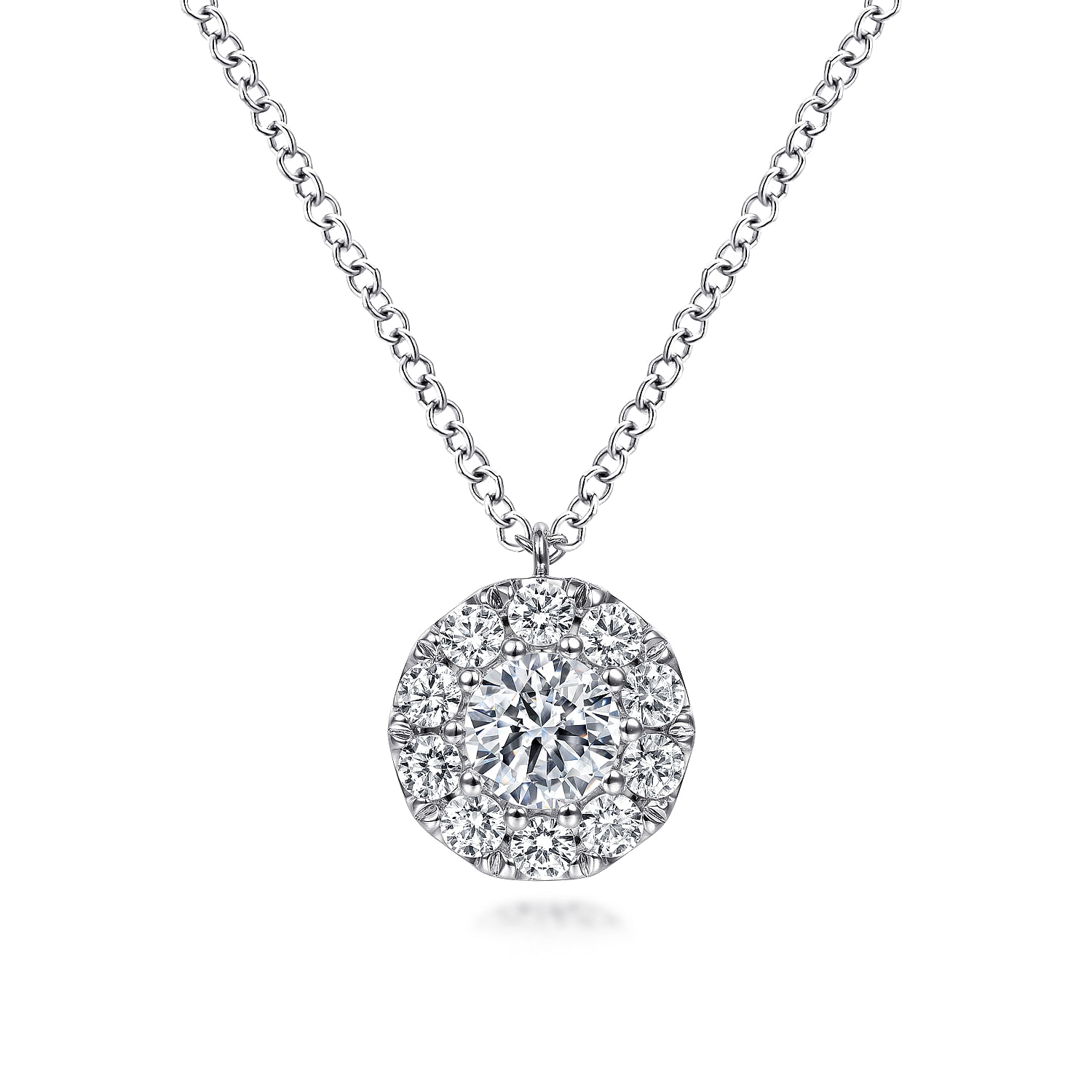 14K White Gold Round Diamond Halo Pendant Necklace