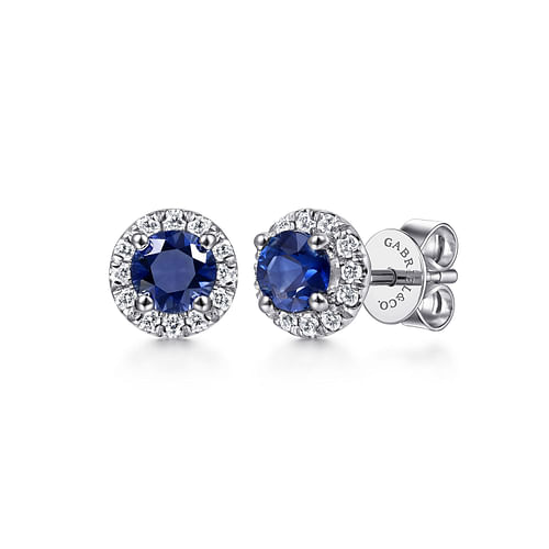 14K White Gold Round Diamond Halo Sapphire Stud Earrings