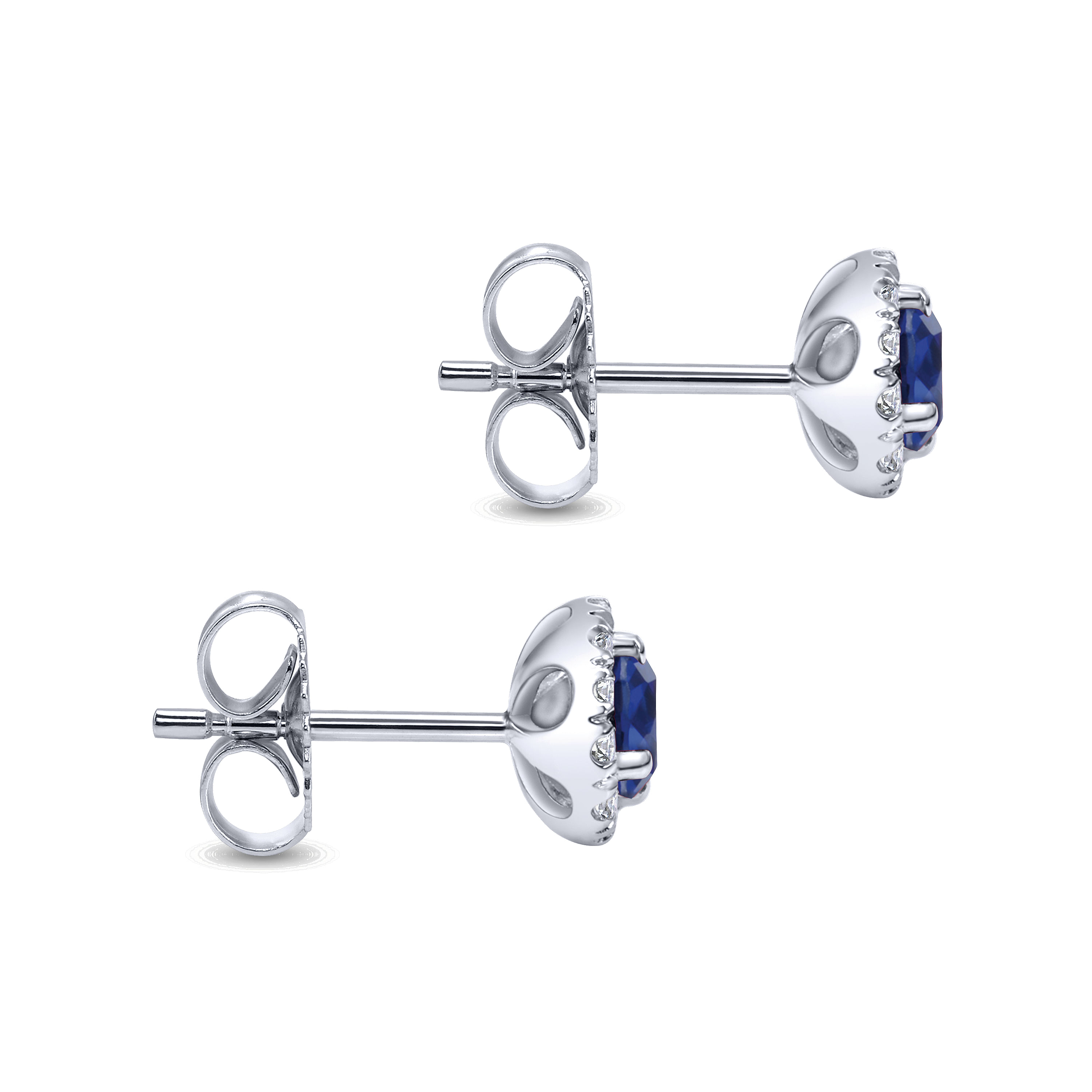 14K White Gold Round Diamond Halo Sapphire Stud Earrings