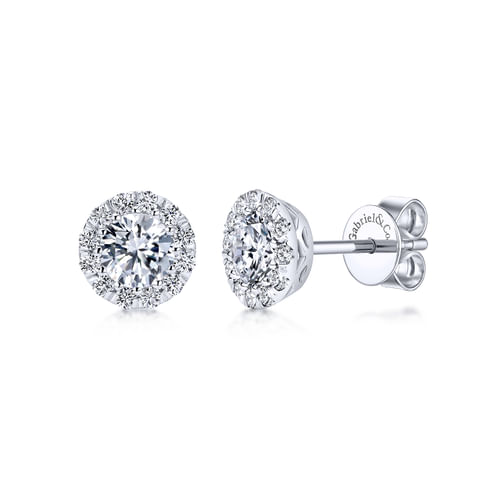 14K White Gold Round Diamond Halo Stud Earrings