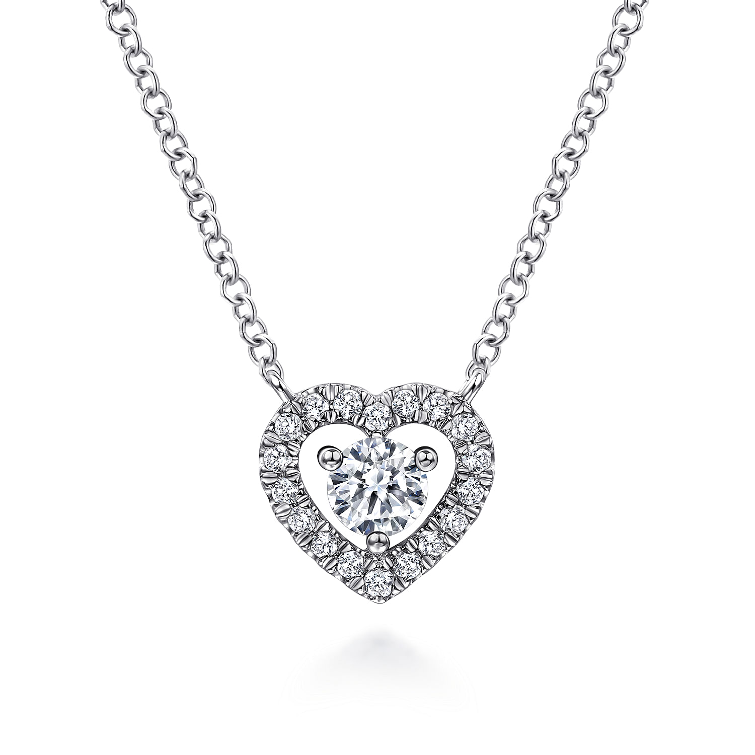 14K White Gold Round Diamond Heart Pendant Necklace