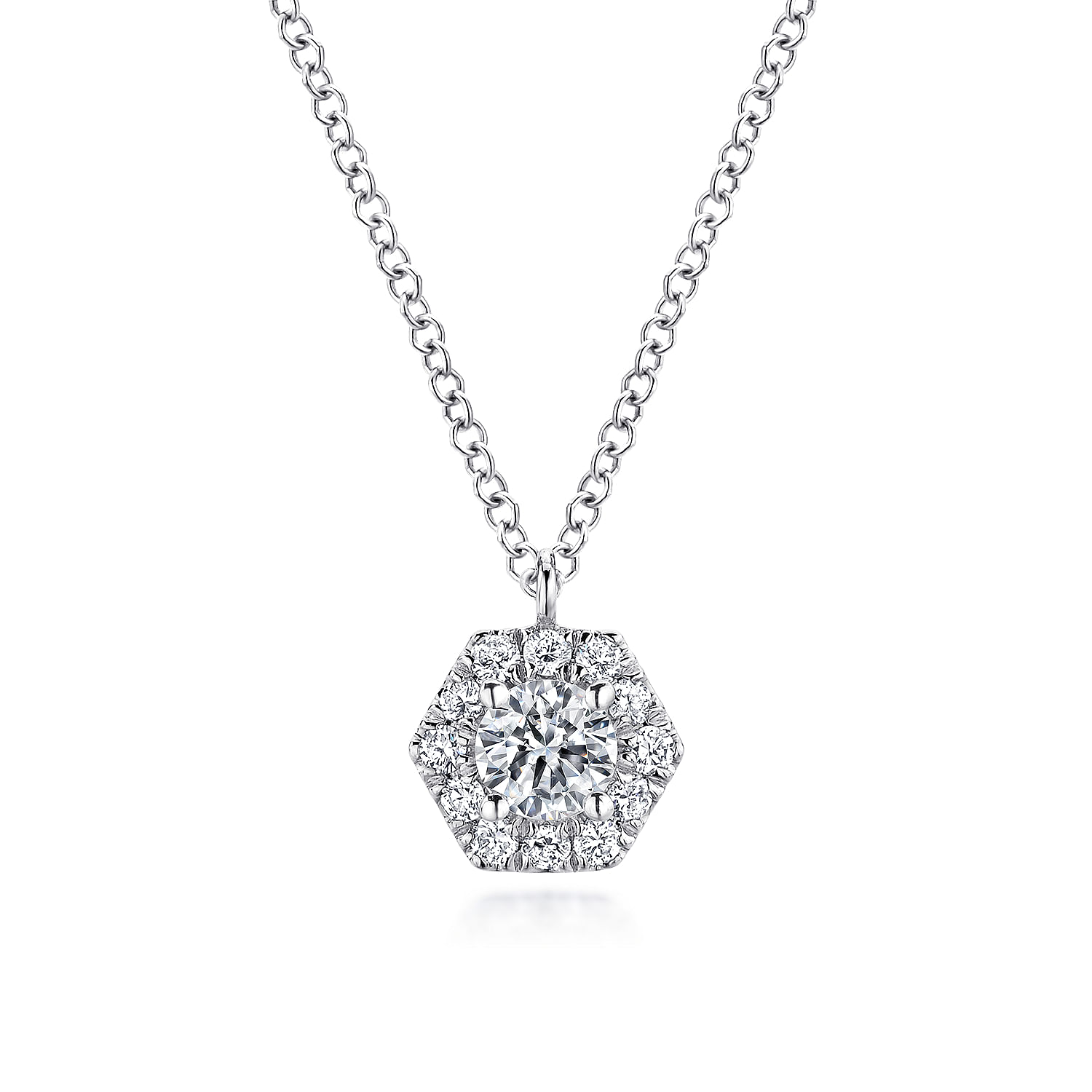 Gabriel - 14K White Gold Round Diamond Hexagonal Halo Pendant Necklace