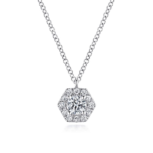 14K White Gold Round Diamond Hexagonal Halo Pendant Necklace