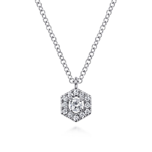 14K White Gold Round Diamond Hexagonal Halo Pendant Necklace
