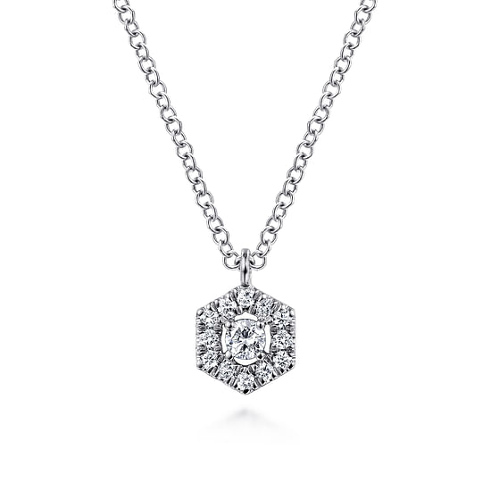 Gabriel - 14K White Gold Round Diamond Hexagonal Halo Pendant Necklace