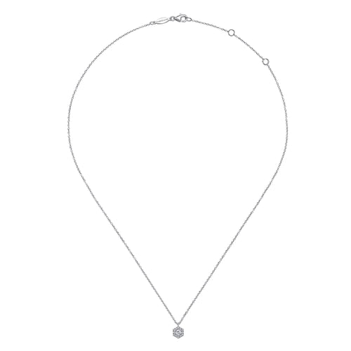 14K White Gold Round Diamond Hexagonal Halo Pendant Necklace
