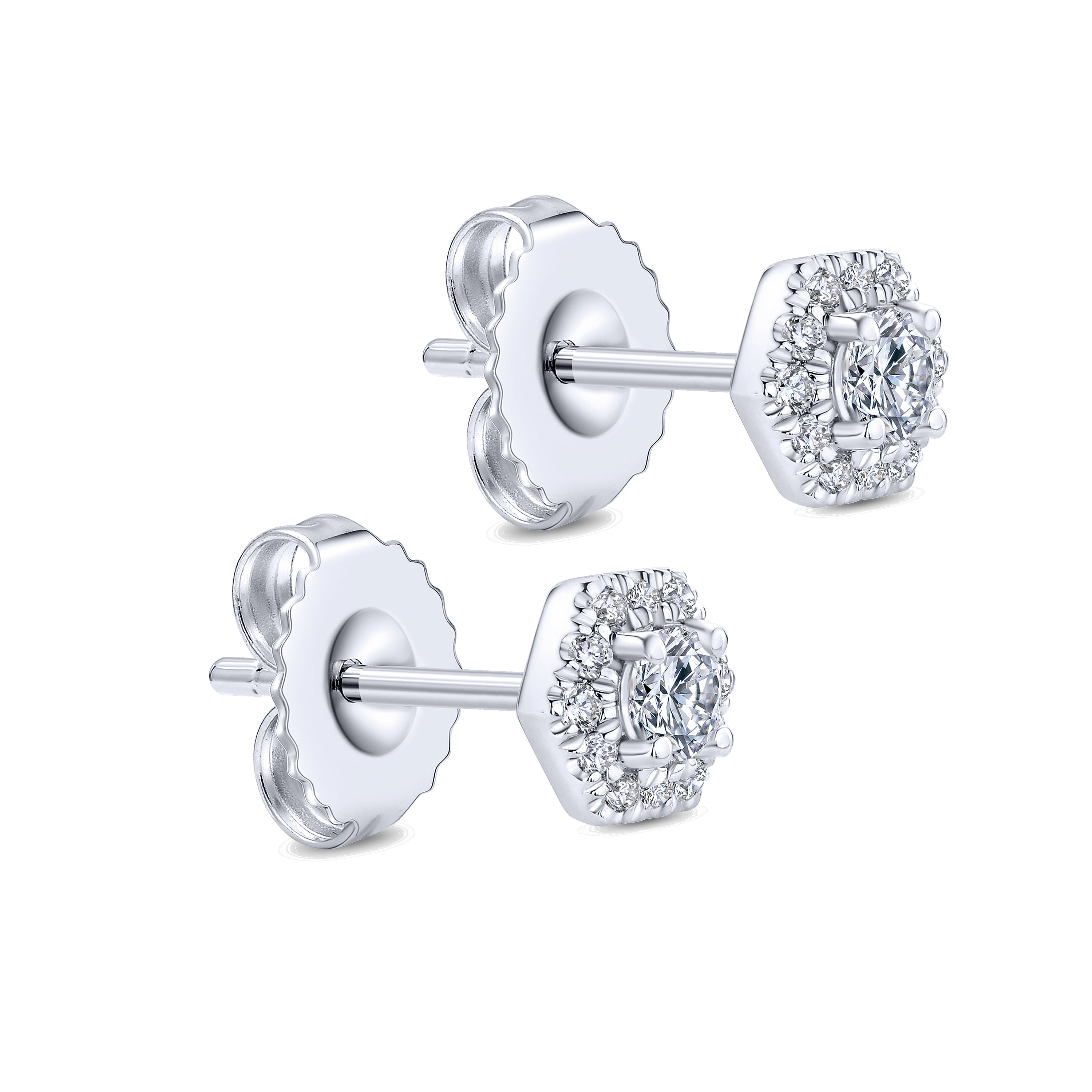 14K White Gold Round Diamond Hexagonal Halo Stud Earrings