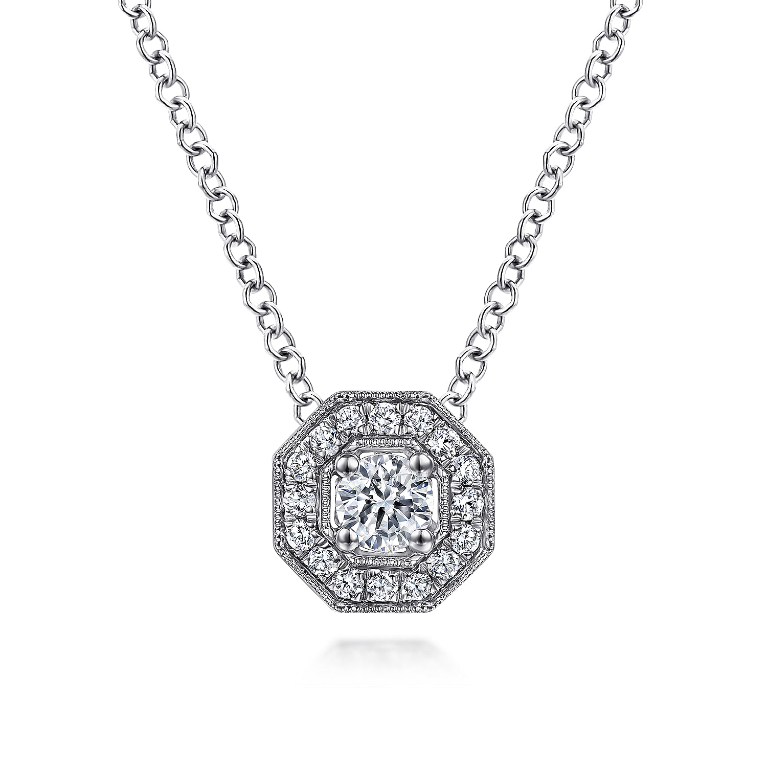 Gabriel - 14K White Gold Round Diamond Octagonal Halo Pendant Necklace
