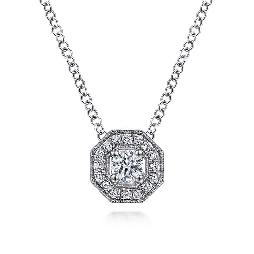 14K White Gold Round Diamond Octagonal Halo Pendant Necklace