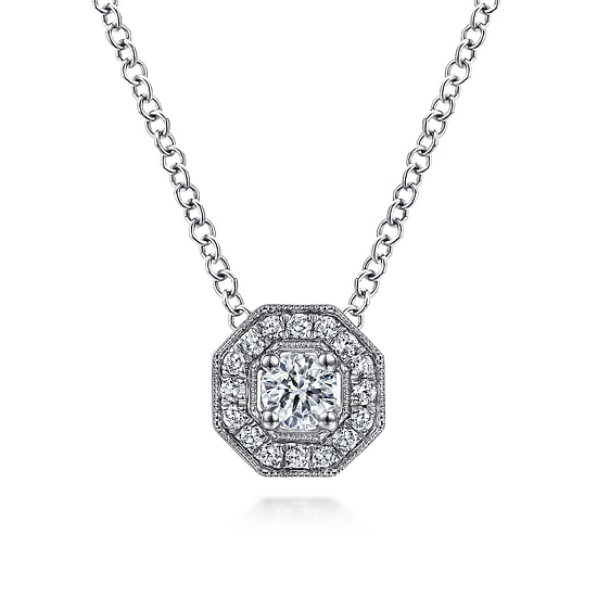 Gabriel - 14K White Gold Round Diamond Octagonal Halo Pendant Necklace