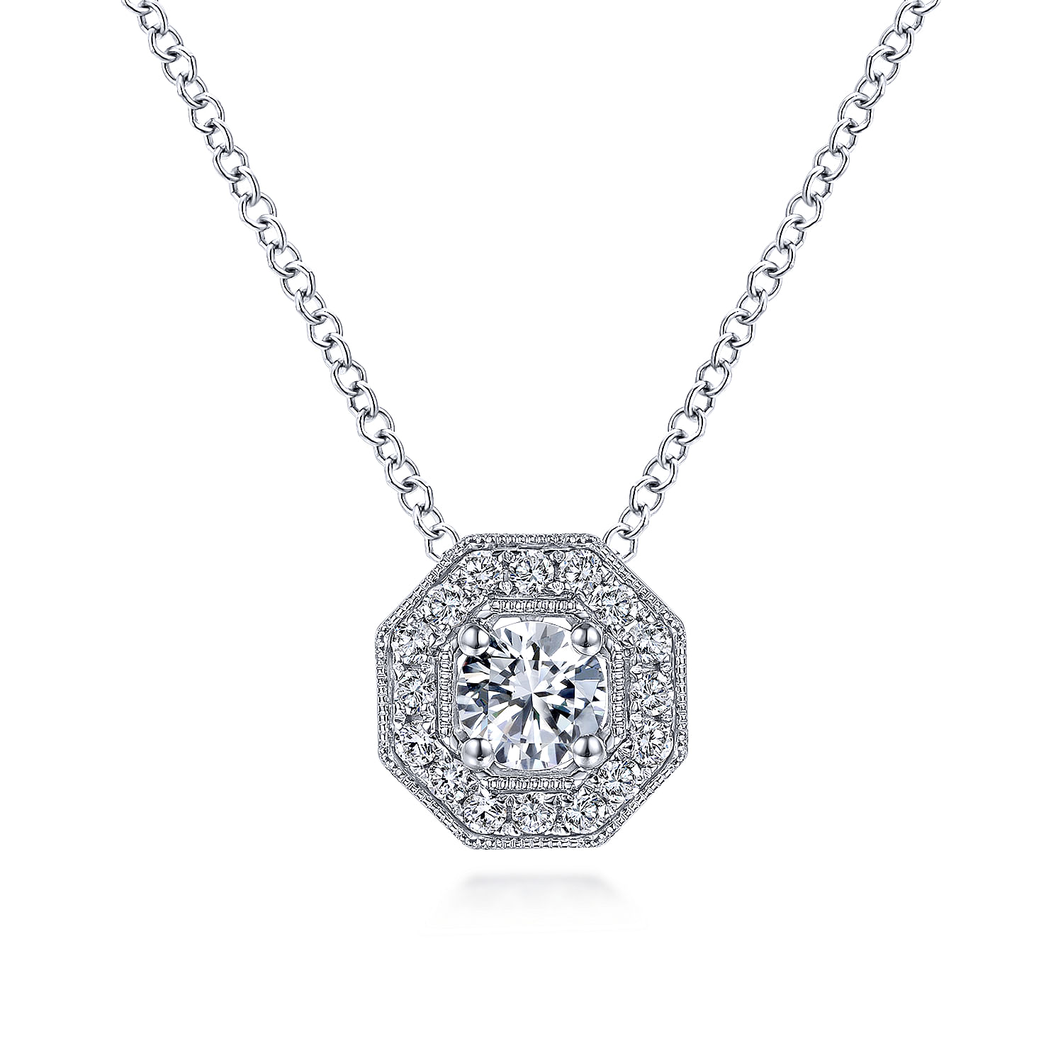 14K White Gold Round Diamond Octagonal Halo Pendant Necklace