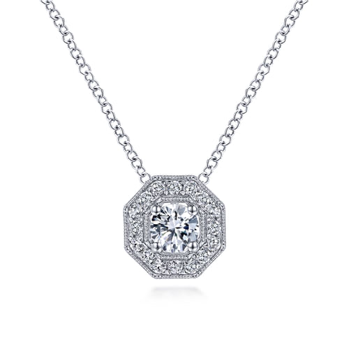 14K White Gold Round Diamond Octagonal Halo Pendant Necklace