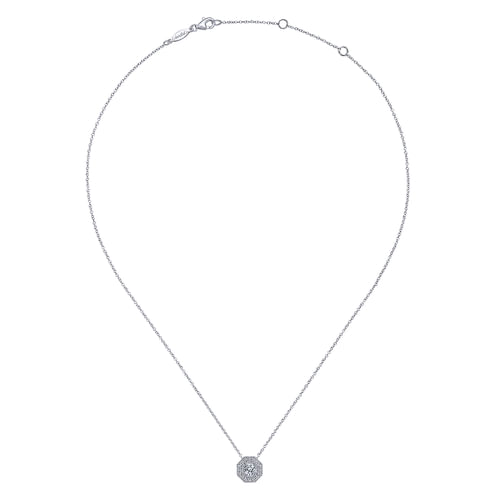 14K White Gold Round Diamond Octagonal Halo Pendant Necklace
