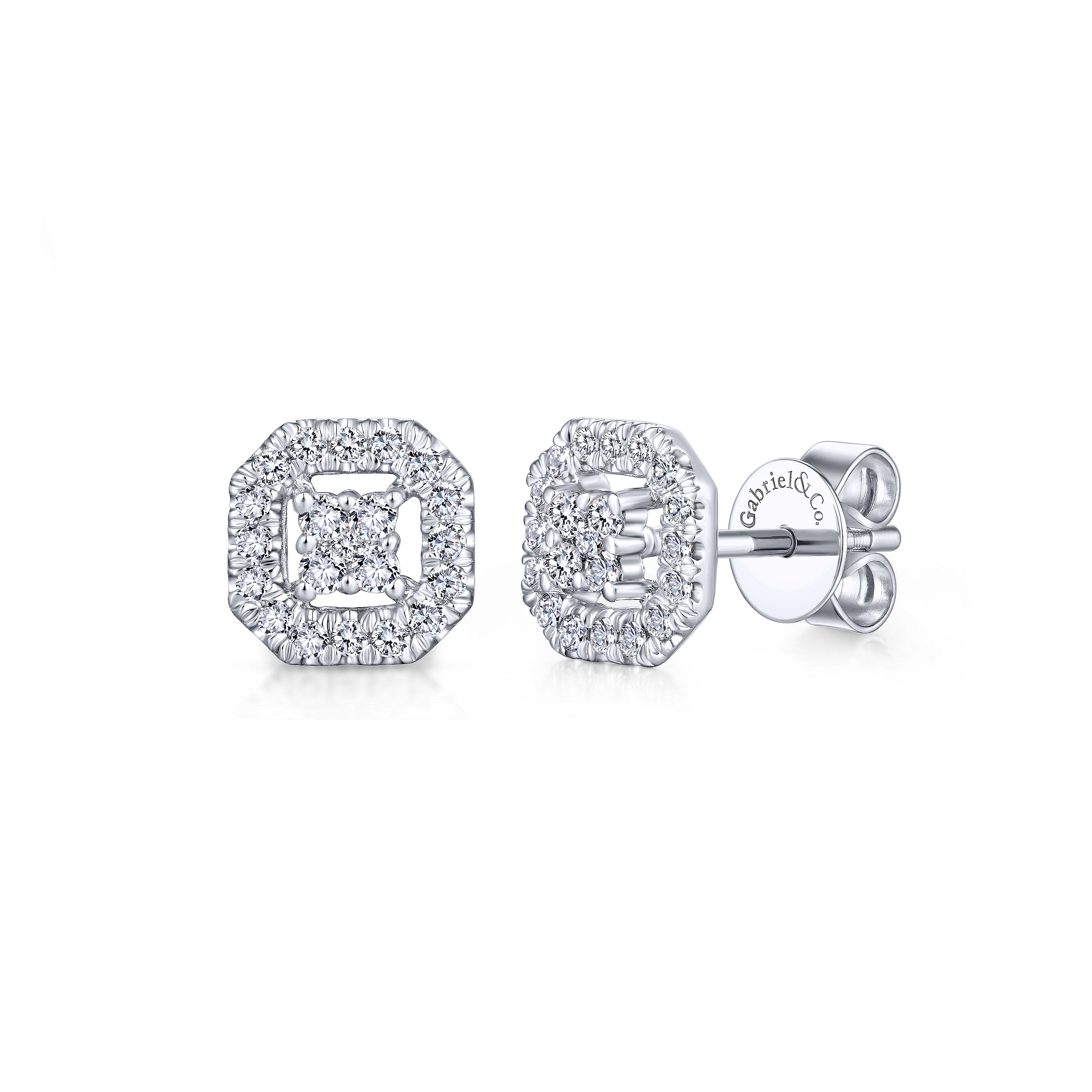 14K White Gold Round Diamond Octagonal Halo Stud Earrings