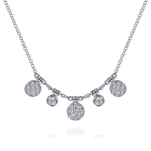 14K White Gold Round Diamond Pavé and Bezel Charm Necklace