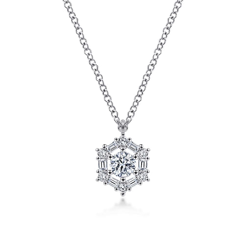 14K White Gold Round Diamond Pendant Necklace with Baguette and Round Hexagonal Halo