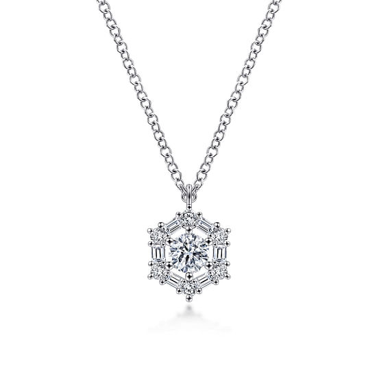 Gabriel - 14K White Gold Round Diamond Pendant Necklace with Baguette and Round Hexagonal Halo