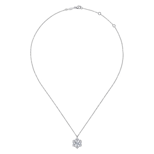 14K White Gold Round Diamond Pendant Necklace with Baguette and Round Hexagonal Halo