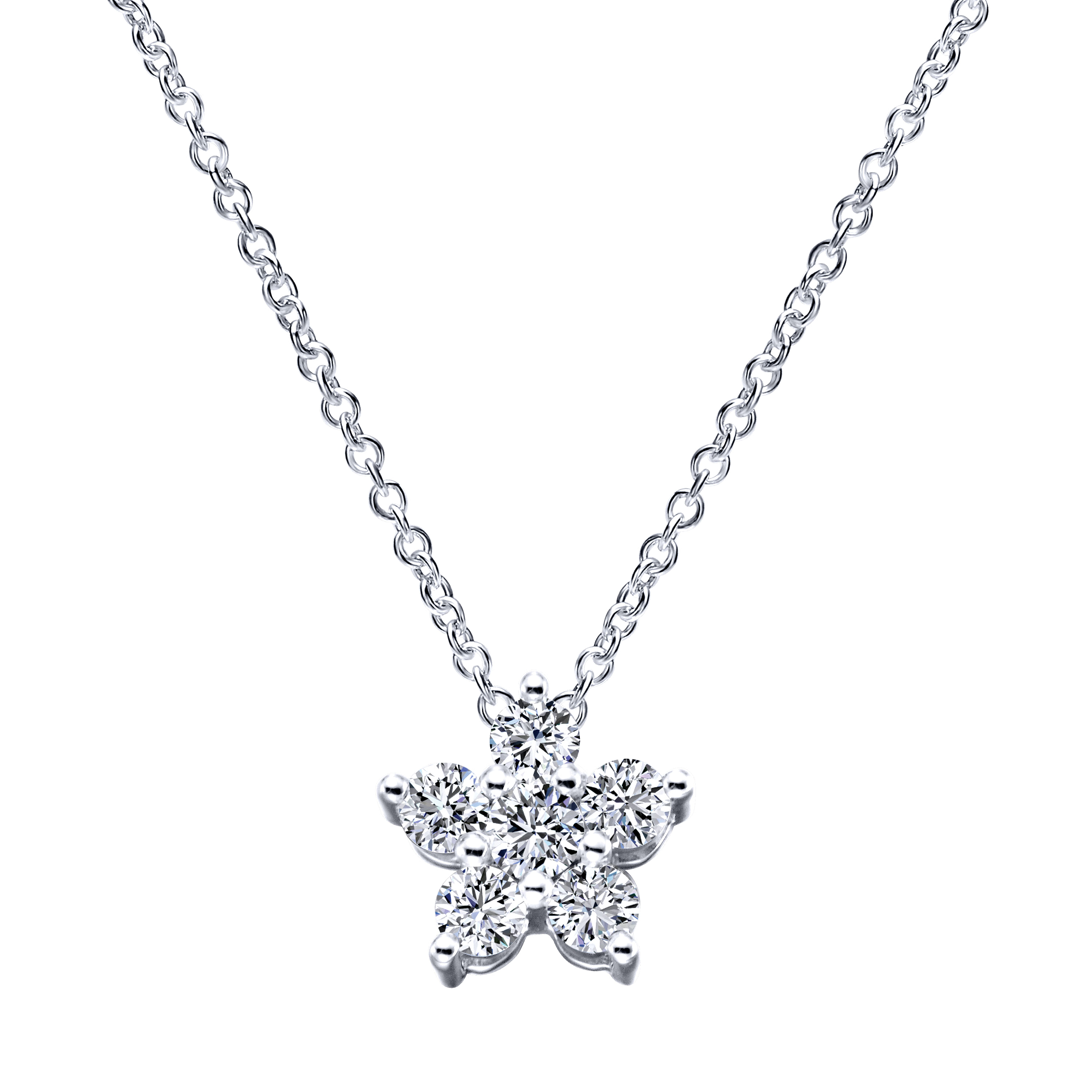 14K White Gold Round Diamond Star Inspired Pendant Necklace