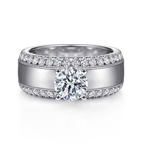 14K White Gold Round Diamond Wide Band Engagement Ring