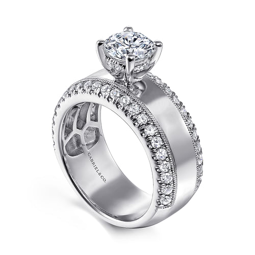 14K White Gold Round Diamond Wide Band Engagement Ring