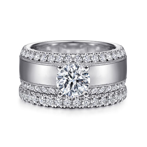 14K White Gold Round Diamond Wide Band Engagement Ring