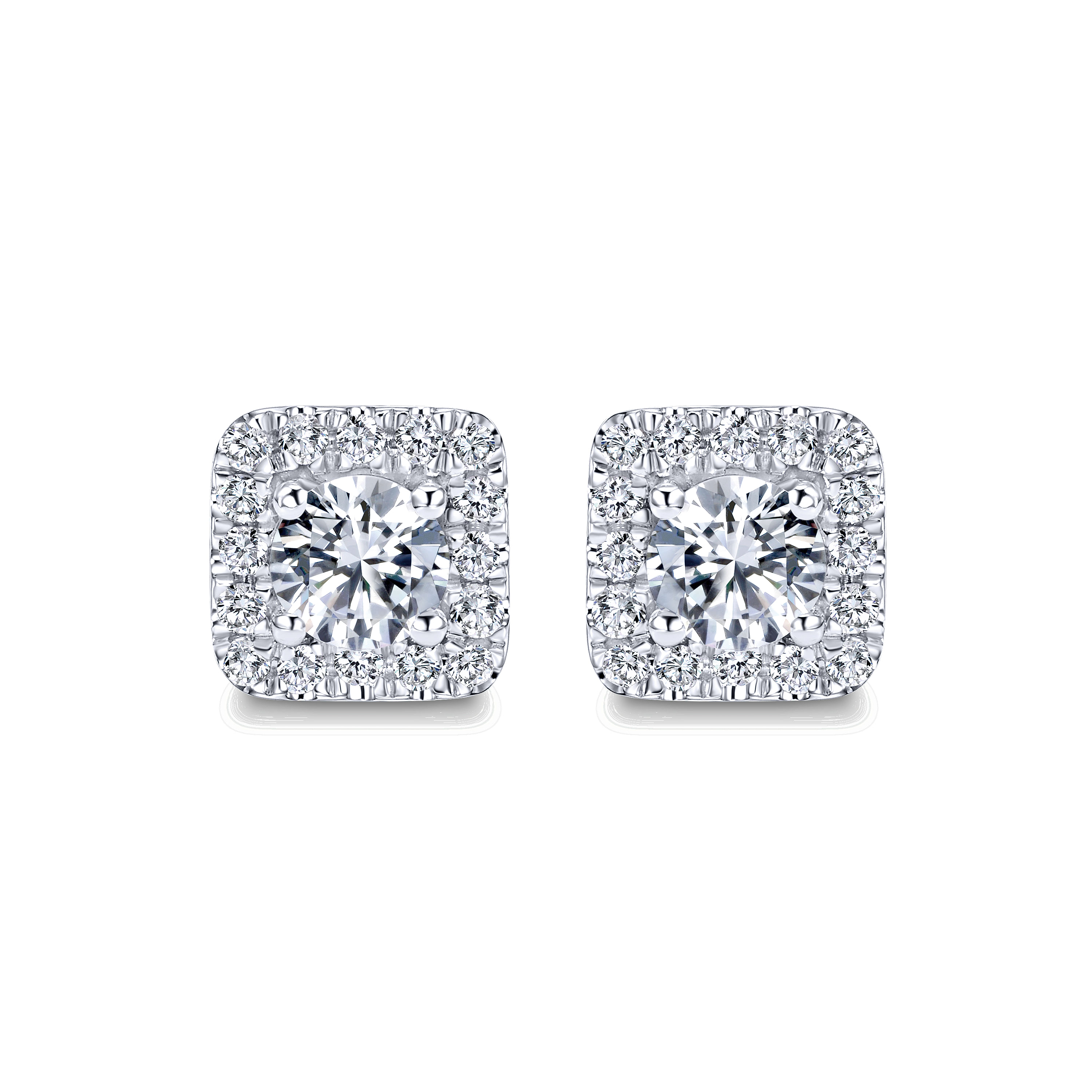 14K White Gold Round Diamond and Princess Halo Stud Earrings