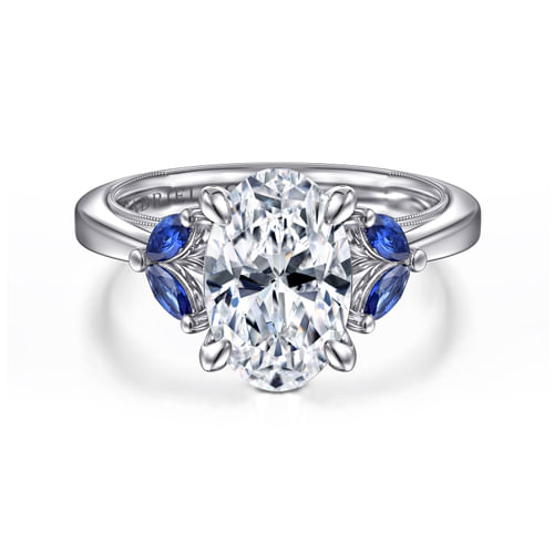 14K White Gold Round Diamond and Sapphire Engagement Ring