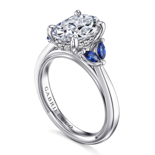 14K White Gold Round Diamond and Sapphire Engagement Ring